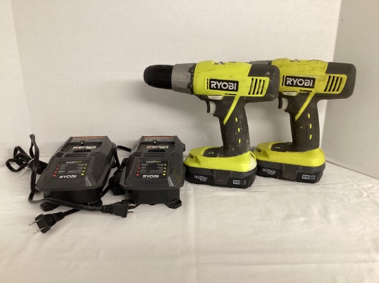 Two Ryobi 18V Cordless Drills with Batteries and Chargers