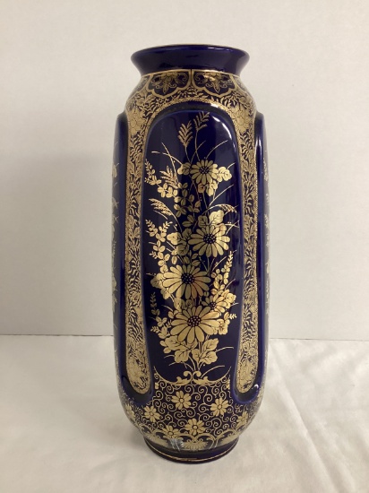 Tall Cobalt Blue and Gold Floral Pattern Vase