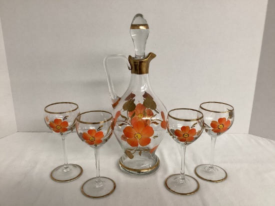 Hand Painted Glass Pitcher with Stopper and Four Tall Cordial Glasses