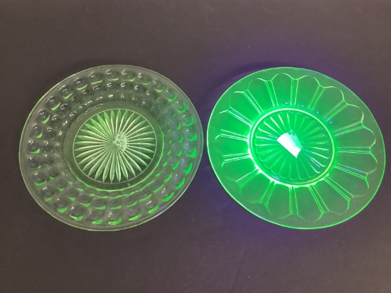 Two Uranium Green Depression Glass Plates