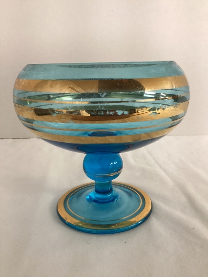 Blue Glass Compote with Gold Striping