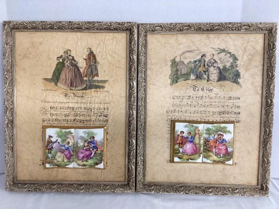 Pair of Music Sheet Prints with Attached Porcelain Courting Couples by Dragonard