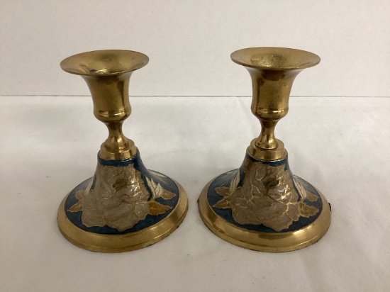 Pair of Enameled Brass Candlesticks