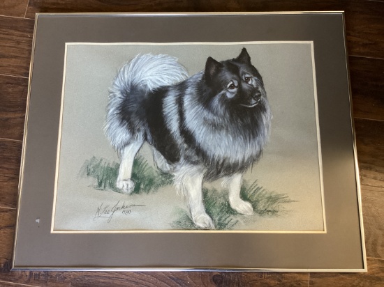 Framed Matted and Signed Original Keeshond Dog Artwork