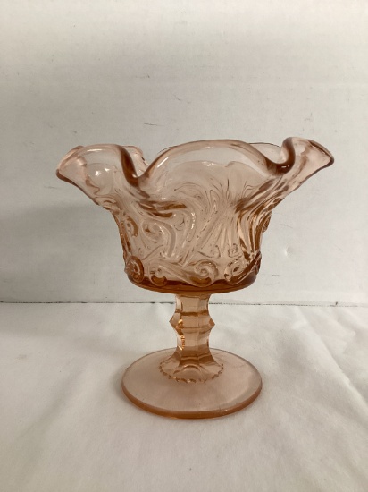 Pink Depression Glass Ruffled Edge Pedestal Dish