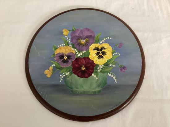 Signed Original Still Life Pansies Artwork on Wood
