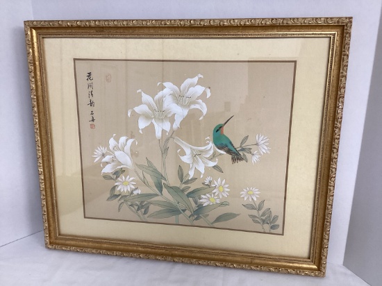 Framed Japanese Silk Screen Bird and Flowers Signed and Stamped