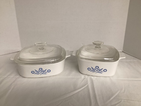 Two Corning Blue Cornflower Dishes with Lids
