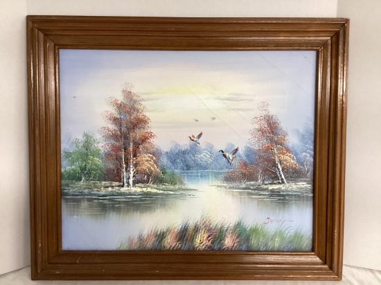 Framed Signed Original Ducks in Landscape Painting on Canvas