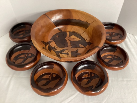 Wood Fish Pattern Salad Set with Serving Bowl and Six Bowls