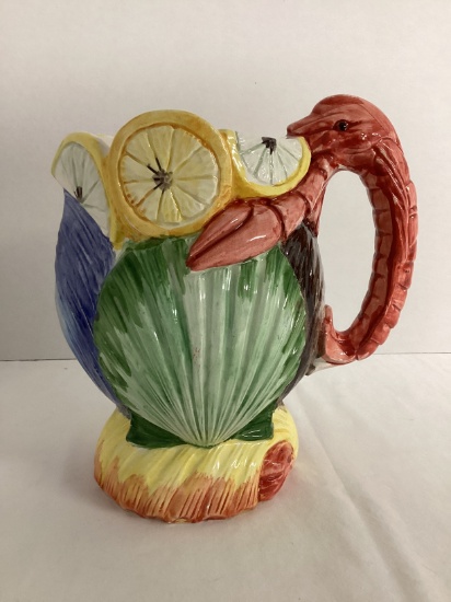 Hand Painted Shell and Fruit Pitcher with Lobster Handle
