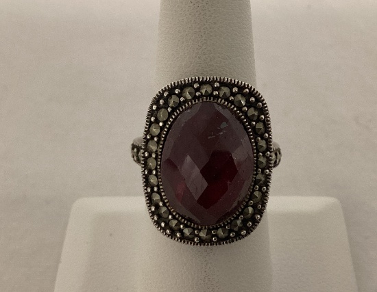 Sterling Silver Ring with Multi-Faceted Center and Marcasite