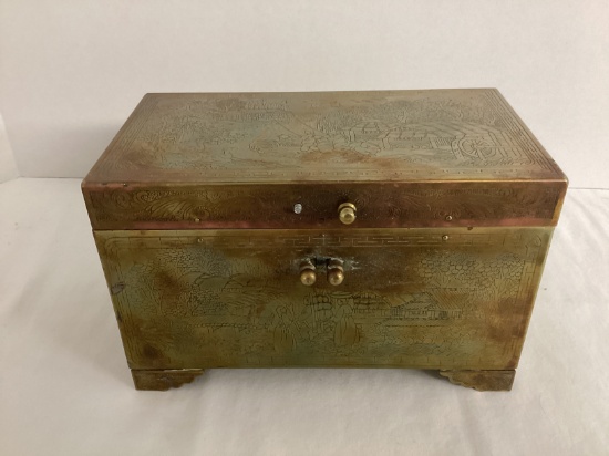 Metal Asian Jewelry Box with Wood Inside and Mirror