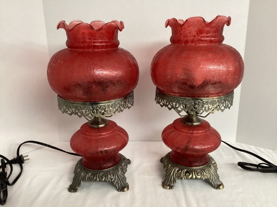 Two Red Coated Crackle Glass Lamps