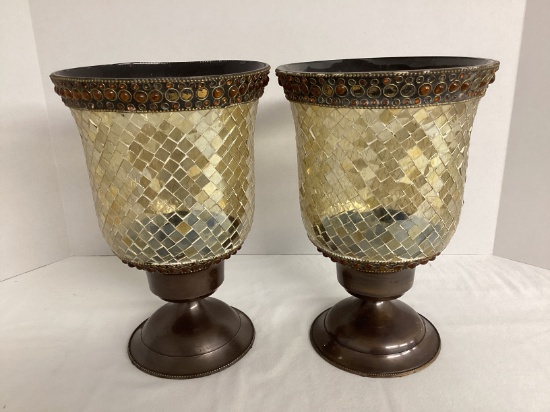 Pair of Metal Pedestal Mosaic Hurricanes