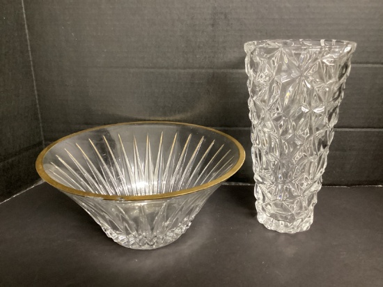 Glass Bowl with Gold Rim and Glass Vase