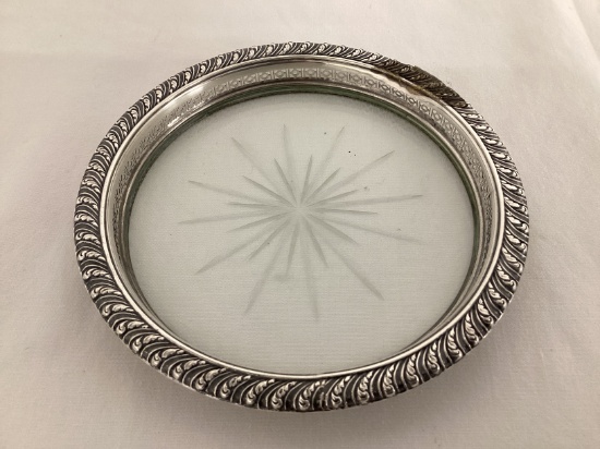 Glass Wine Bottle Coaster with Sterling Silver Rim