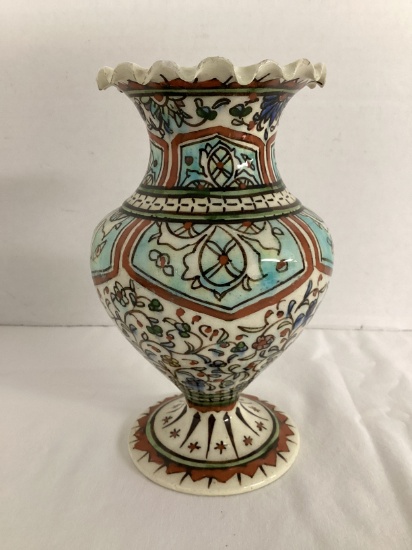 Turkish Kutahya Pedestal Vase with Ruffled Edge