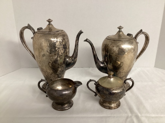 Silver on Copper Coffee and Tea Pots with Creamer and Sugar Bowl
