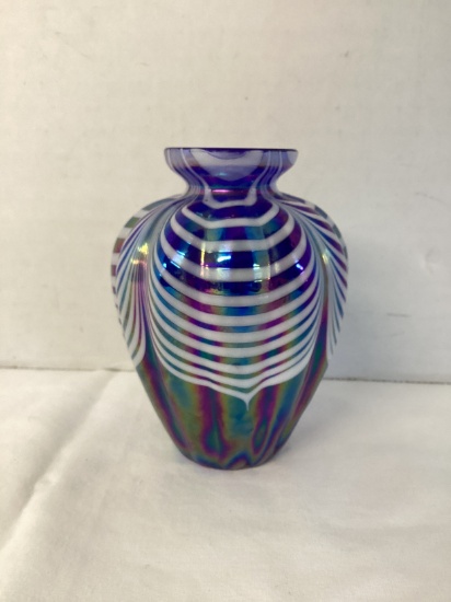 Crystal Clear Blue and White Iridescent Vase