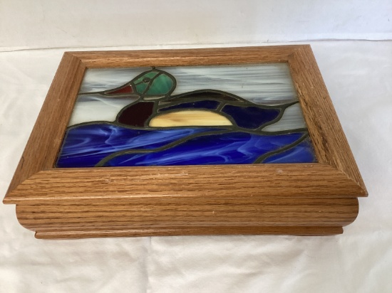 Oak Box with Stained Glass Duck Hinged Lid