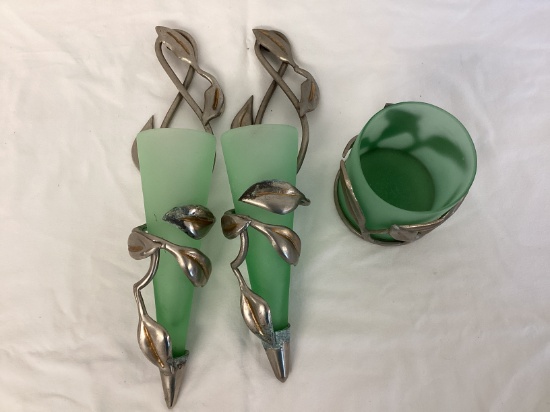 Bombay Co. Metal and Green Glass Candle Holder and Pair of Wall Vases
