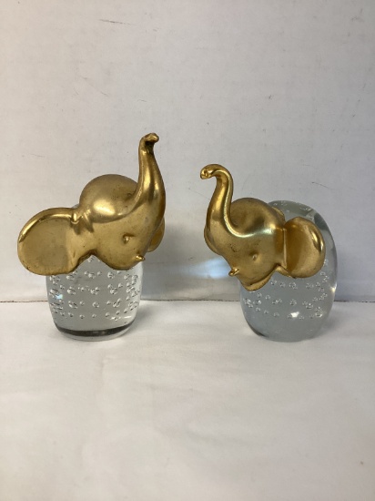 Pair of Gold Decorated Art Glass Elephants
