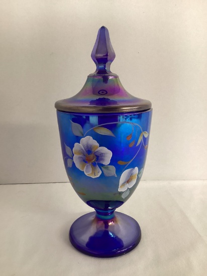 Fenton Carnival Glass 2001 Museum Collection Hand Painted Pedestal Candy Dish with Lid