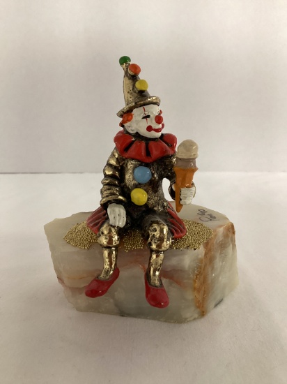 Ron Lee  Sitting Clown with Ice Cream Metal Clown Sculpture on Stone Base