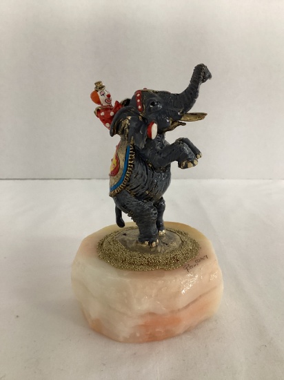 Ron Lee "Circus Clown Riding Elephant" Metal Clown Sculpture on Stone Base