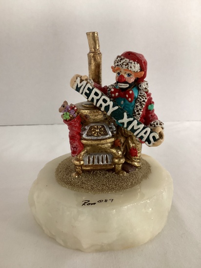 Limited Edition Ron Lee "Merry Xmas" Metal Clown Sculpture on Stone Base