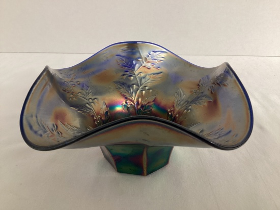 Cobalt Blue Holly Carnival Glass Vase