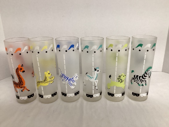 Six Vintage Libbey Carousel Merry-Go-Round Circus Animal Glasses