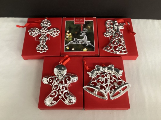 Five Lenox Sparkle and Scroll Silverplate Ornaments
