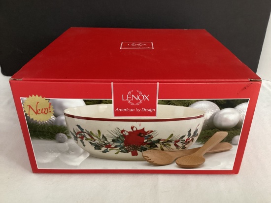 Lenox Winter Greetings Cardinal Salad  Bowl with Wood Servers in Box