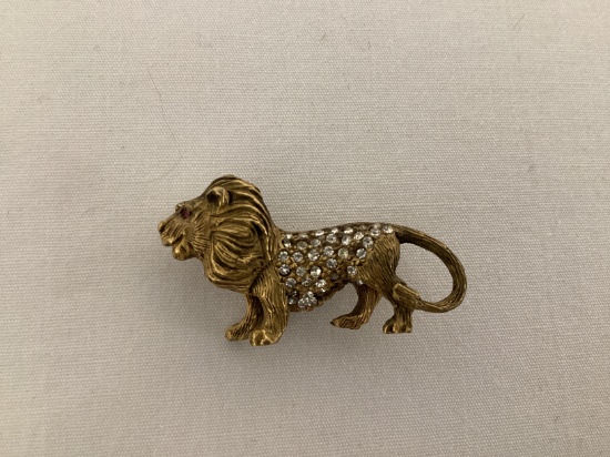 Vintage Lion Pin with Rhinestones and Ruby Colored Eyes