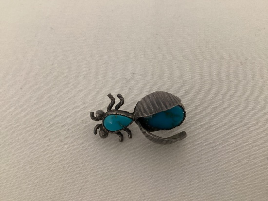 Vintage Southwestern Silver and Turquoise Bug Beetle Pin