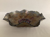 Cobalt Blue Peacock and Grape Carnival Glass Ruffled Edge Bowl