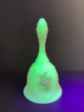 Fenton Hand Painted Custard Uranium Glass Bell with White Flowers