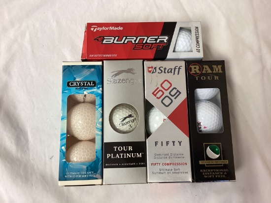 Taylor Made, Slazenger, Crystal, WS Staff 50, and Ram Tour Golf Balls
