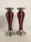 Pair of Metal and Ruby Red Glass Pillar Candle Holders