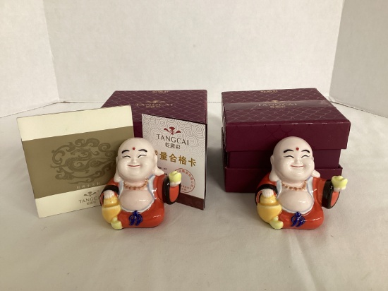 Two Tangcai Acera Buddha Figures in Boxes
