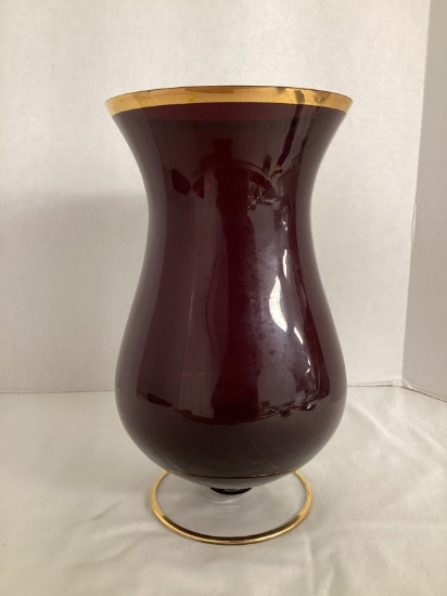 Ruby Red Glass Pedestal Vase with Gold Trim