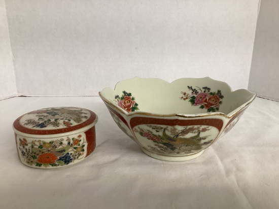 Satsuma Japan Peacock Pattern Bowl and Musical Trinket Box