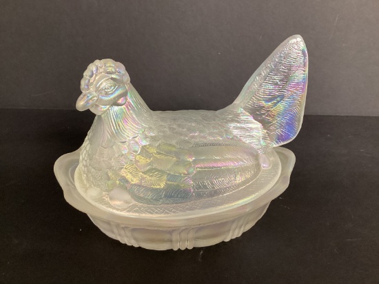 Fenton Carnival Glass Hen on Nest with Sticker