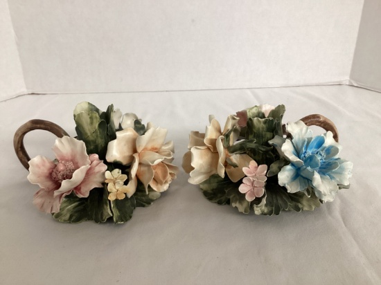Pair of Capodimonte Floral Candle Holders with Finger Hold