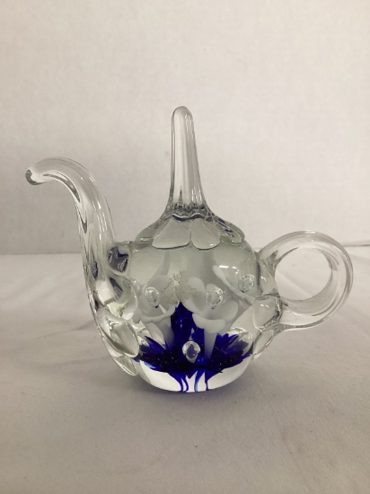 Joe Rice 2003 Teapot Paperweight with Blue and White Flowers