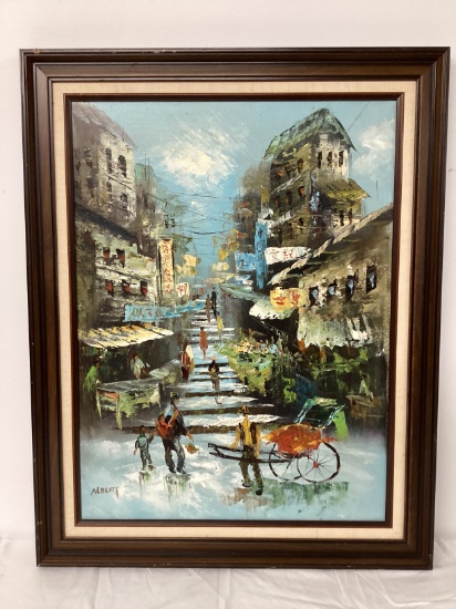 Asian Street Scene Painting on Canvas Signed Albert