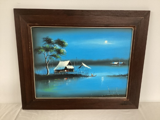 Asian Water Scene Painting on Canvas Board by Sommai
