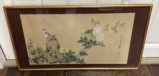 Asian Bird and Flowers Stamped and Signed Fabric Art